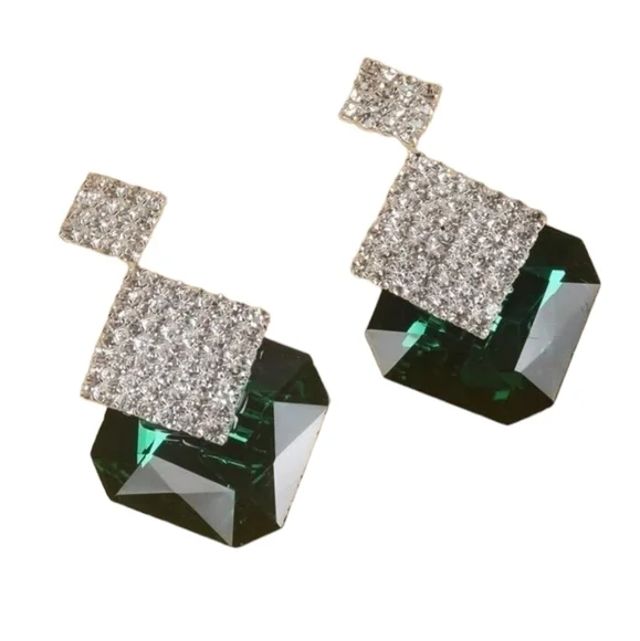 Green Square Glass Rhinestone Drop Earrings. New! - Picture 6 of 9